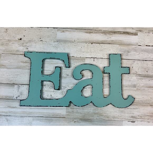 Wooden “EAT” Sign Wall Decor Kitchen Wall Hanging Turquoise & Black 14" - Picture 1 of 3
